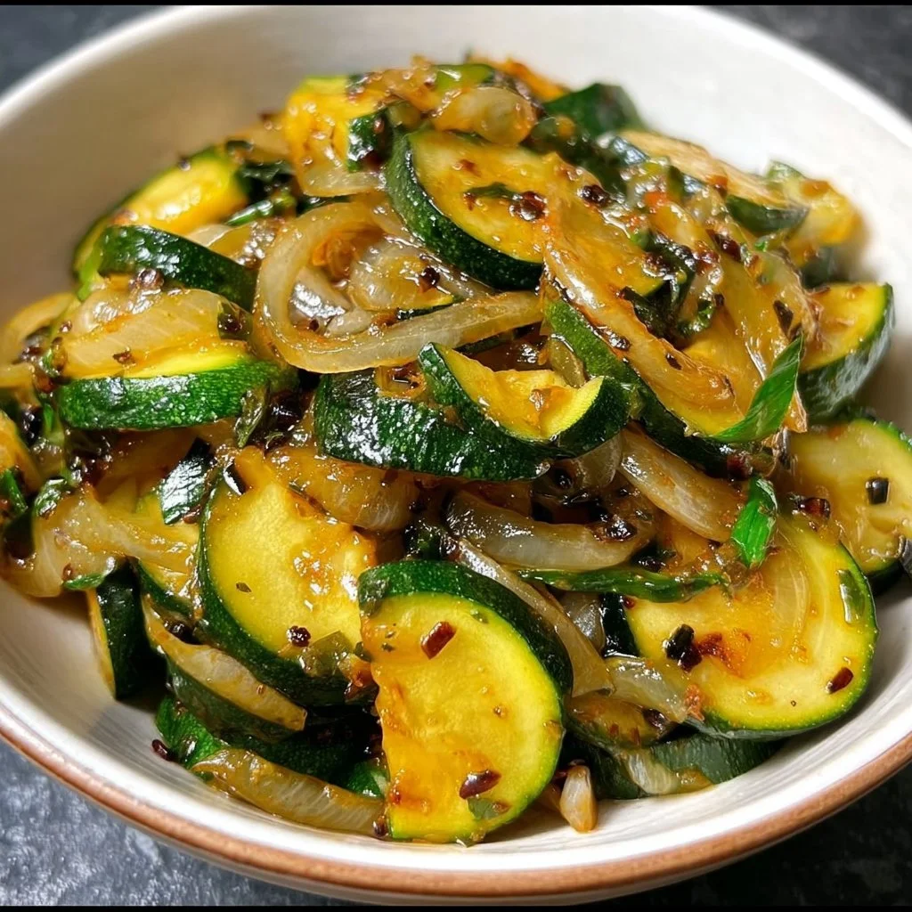 Sauté japonais de courgettes et oignons dans une poêle