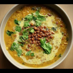 Bol de soupe de lentilles avec lait de coco et épices parfumées.