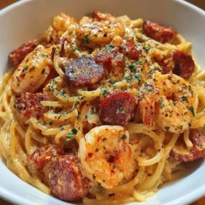 Spaghetti à la crème de poivron avec chorizo et crevettes dans une assiette