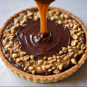 Tarte chocolat cacahuètes et caramel, dessert gourmand et savoureux.