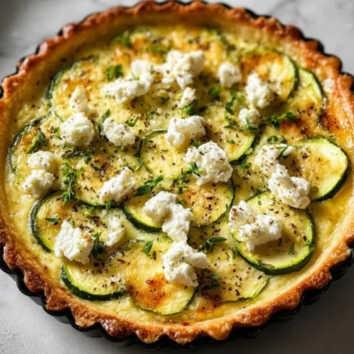Tarte Courgette Feta sortant du four, garnie de courgettes et de feta.