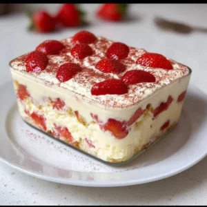Tiramisu aux fraises, un dessert italien léger et crémeux.